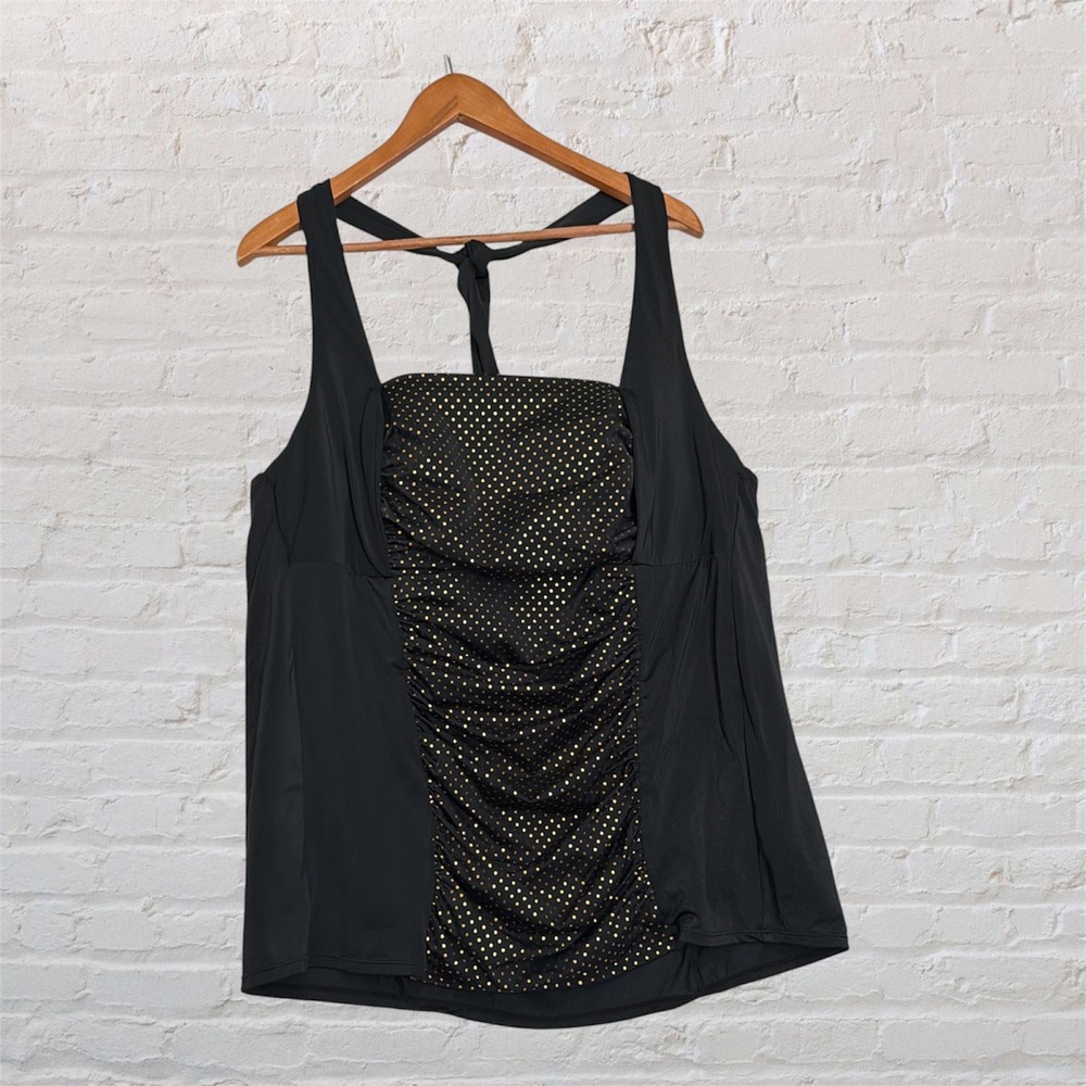 Swim by Cacique Black Gold Polka Dot Ruched Halter Tankini Top Underwire 44C